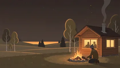 Illustration of a person tending a campfire at dusk outside a warmly lit cabin, where two people sit at a table inside